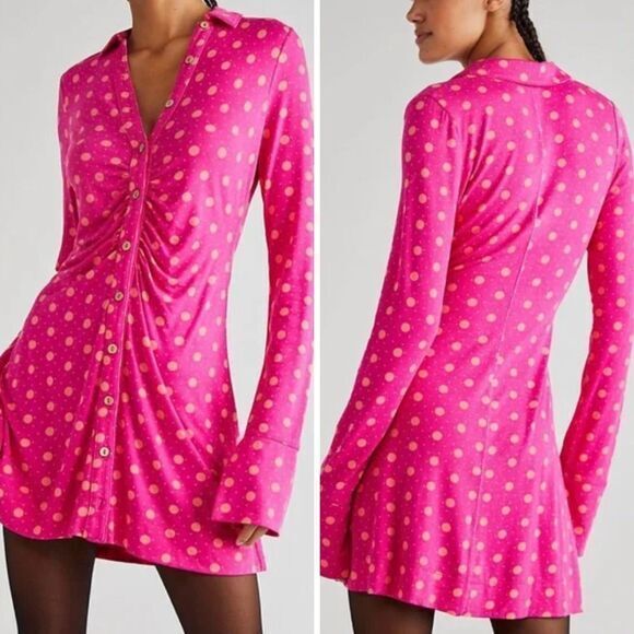 NEW Free People Shayla Mini Dress Printed Polka‎ Dot Long Sleeve Button Down , M - Picture 1 of 15